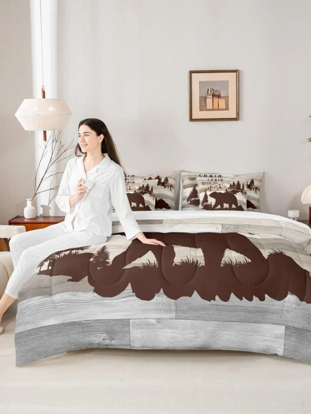 Boys Girls Rustic Bear Bed in a Set Queen Size, Cabin Comforter Set with Sheets
